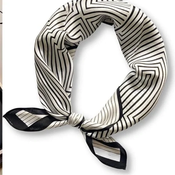 100% Mulberry Silk Neck Scarf 21"x21" Black & White Stripes - Picture 2 of 6